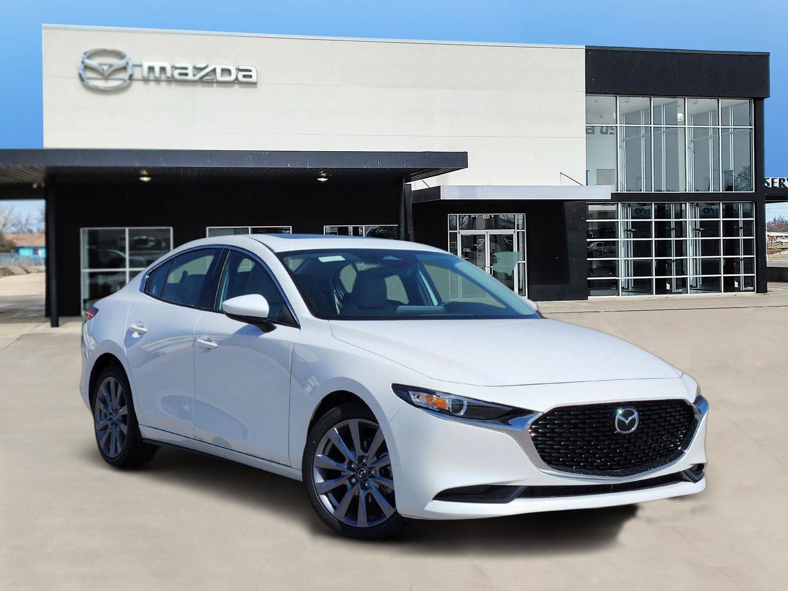 2025 Mazda Mazda3 Sedan 2.5 S Preferred Package in Snowflake White Pearl Mica — front three-quarter view