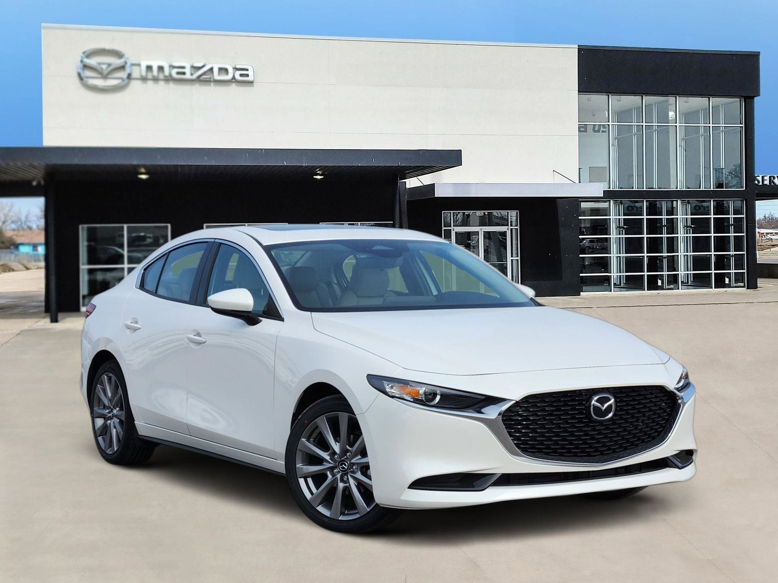 2026 Mazda Mazda3 Sedan 2.5 S Preferred in Snowflake White Pearl Mica — front three-quarter view